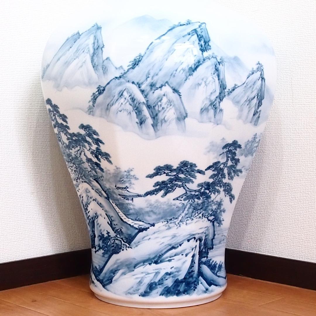 【美品】有田焼 沈香壺 勝雲作/藤井勝雲 絵付師:金武自然 山水染付 壷/つぼ