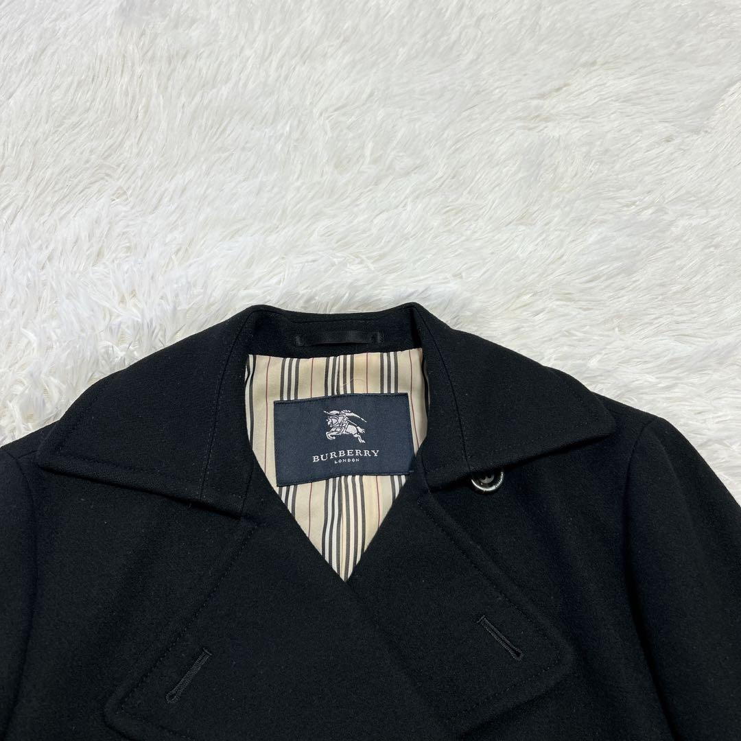 バーバリーロンドン ウール ピーコート ロゴボタン ストライプ裏地 9 ブラック