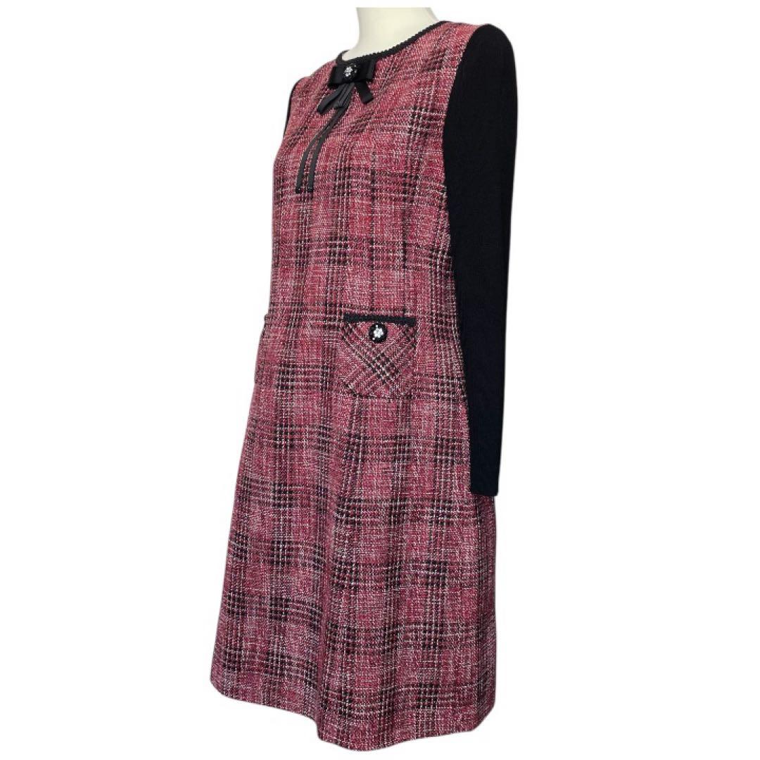 スーパービューティー【42/L】 ビジュー　リボン　ツイード×ニットワンピース