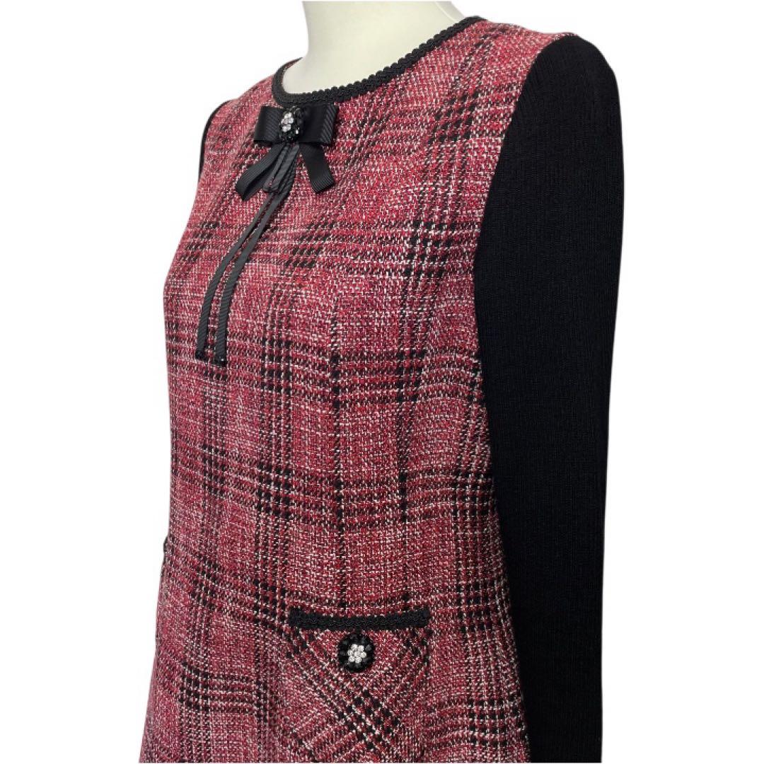 スーパービューティー【42/L】 ビジュー　リボン　ツイード×ニットワンピース