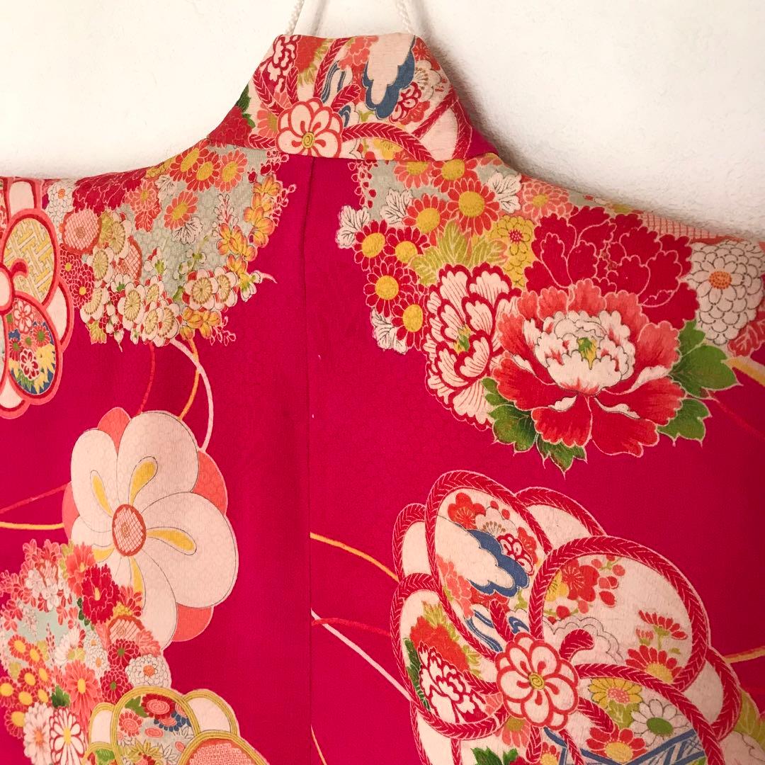 正絹 アンティーク着物 振袖 七五三 ◇ねじ梅 花丸紋 古典柄 濃ピンク