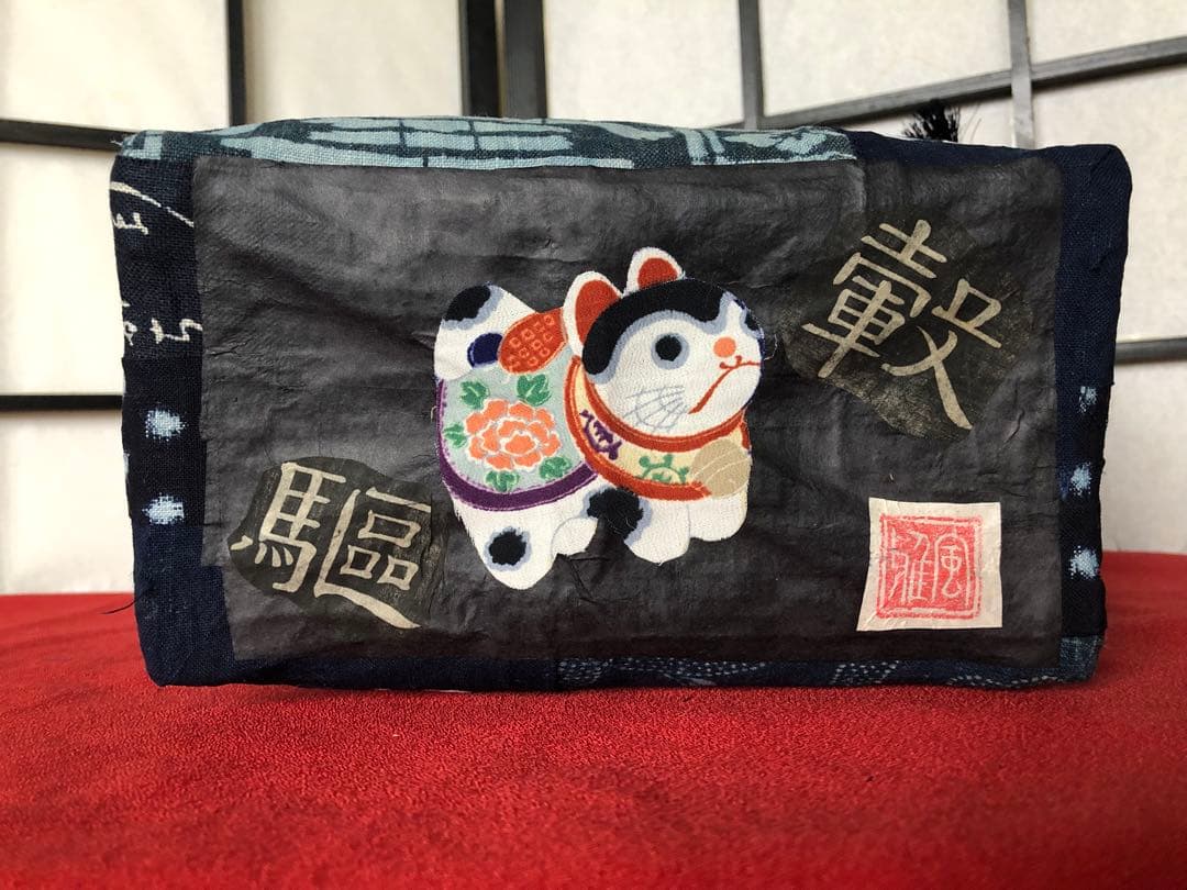 一閑張り　一閑張りバック　本藍染　型染　雪ん子　犬張子　張子犬　狛犬