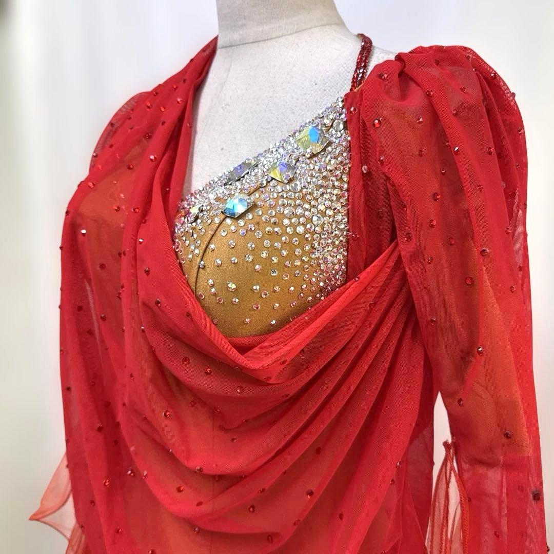 6312★M 赤 ドレープ スワロミックス スタンダードドレス 社交ダンス