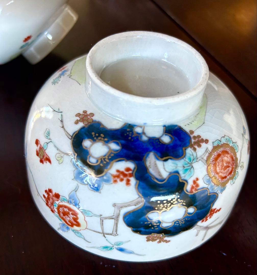 古伊万里　柿右衛門様式　岩に柘榴錦彩牡丹紋　お椀　2客