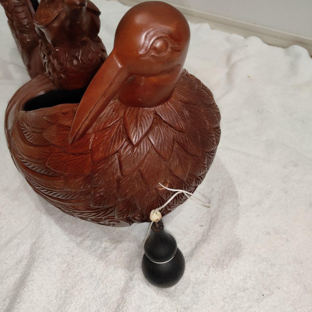 木製墨つぼ 龍・雲・亀・鶴の彫刻