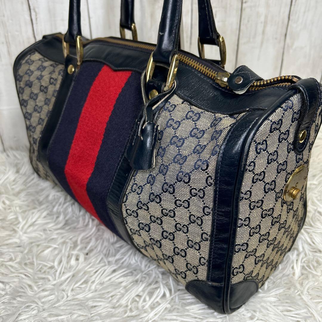 GUCCI GGキャンバス　シェリーライン　ボストンバッグ　ハンドバッグ　紺