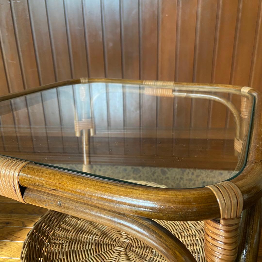 オールドラタン　サイドテーブル　ガラステーブル　籐家具　アンティーク家具