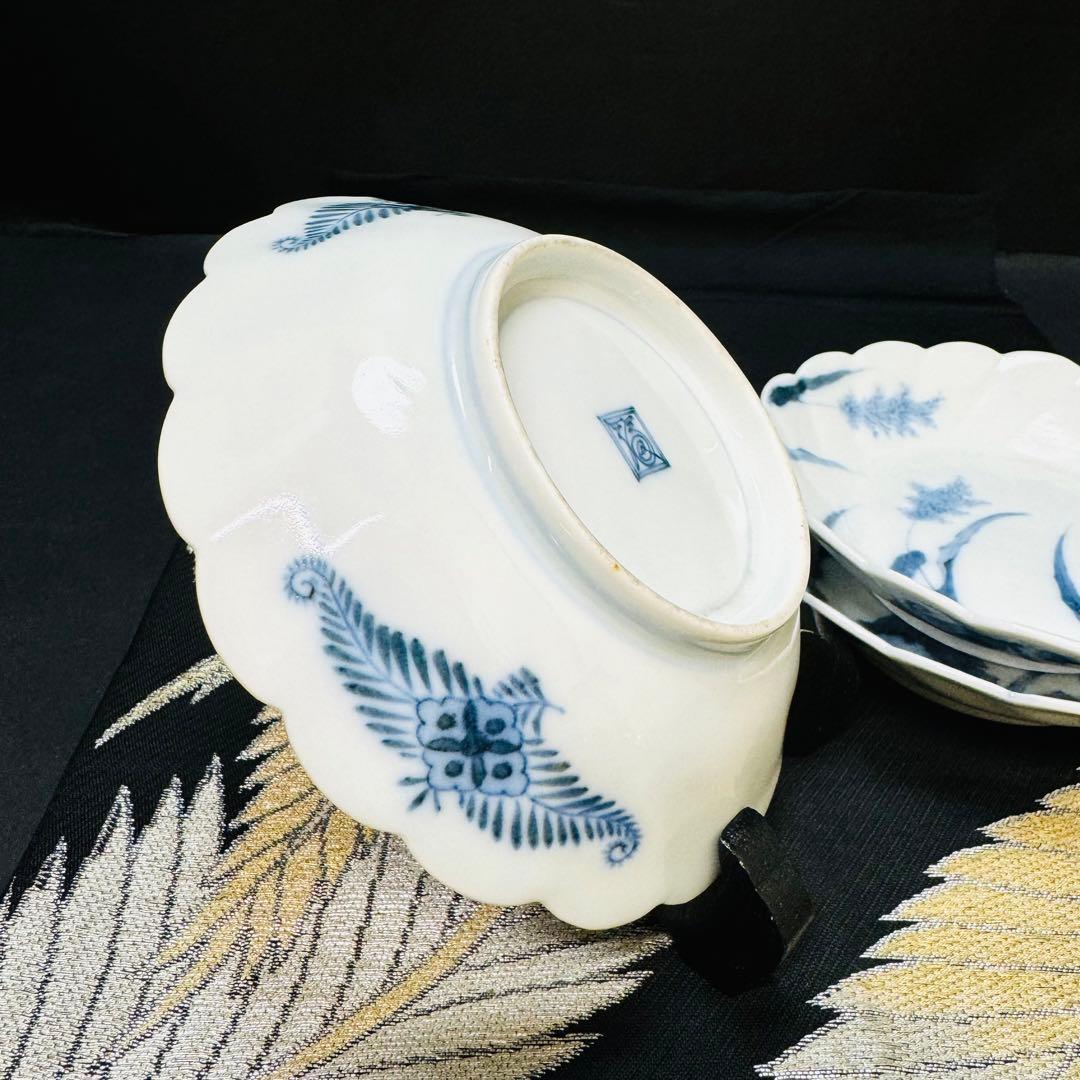 時代美品　古伊万里　柿右衛門　藍柿　渦福角福　染付花草紋様　深皿　3客　骨董