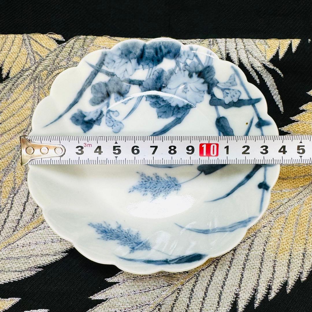 時代美品　古伊万里　柿右衛門　藍柿　渦福角福　染付花草紋様　深皿　3客　骨董