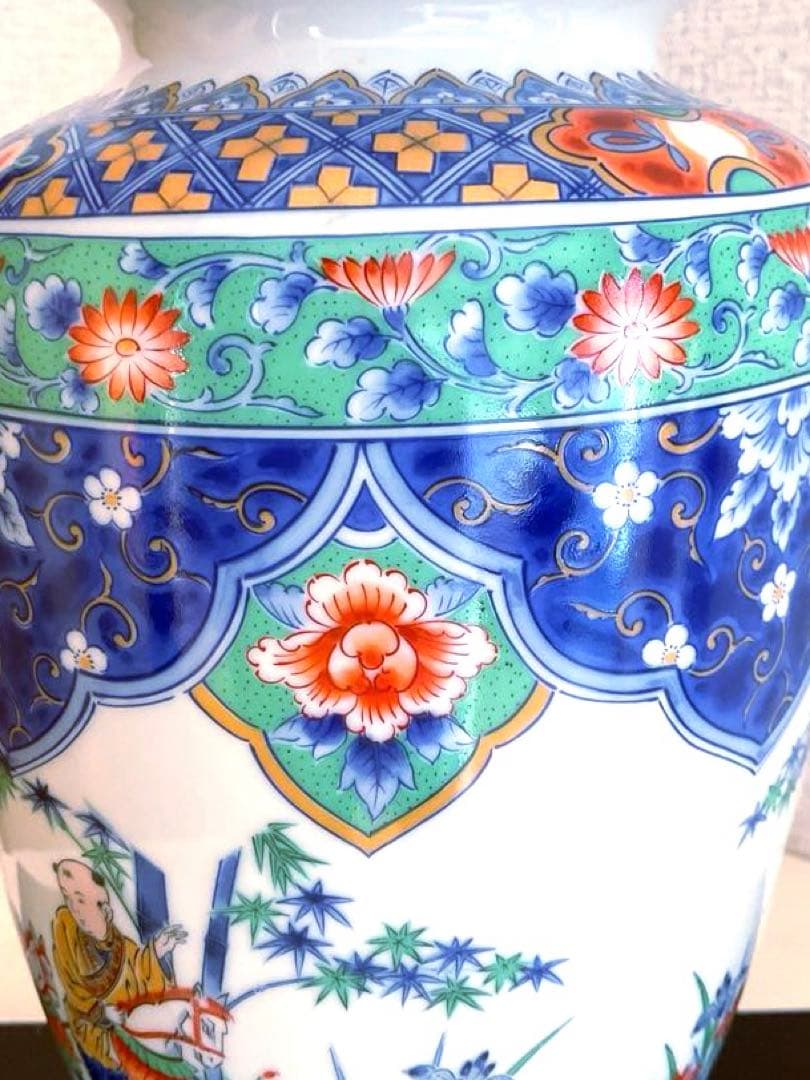 【新品】若山窯　唐絵柄陶器花びん 昭和レトロ 唐絵 骨董 手描き花瓶 置物