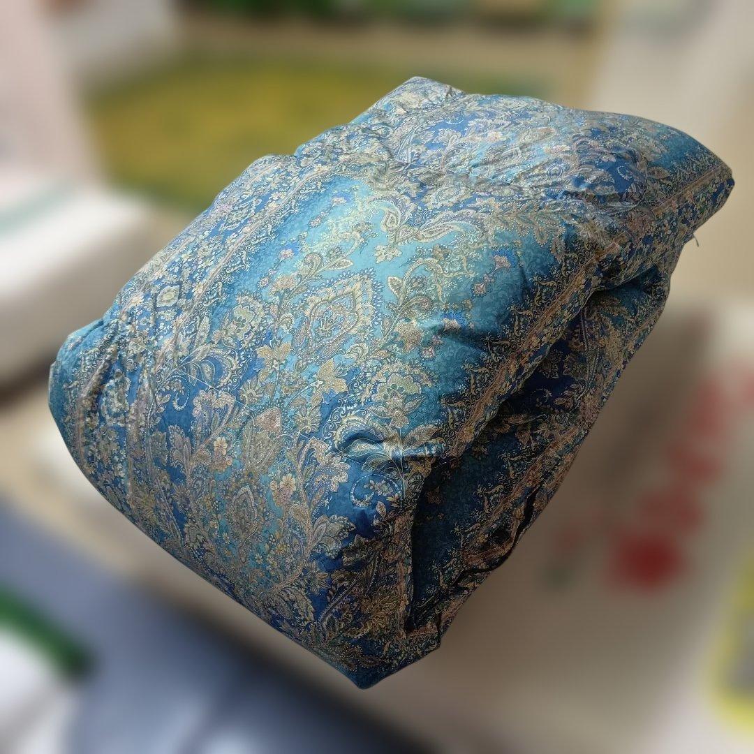 ペイズリー柄 羽毛掛布団 青系　ダブルサイズ　エクセルゴールド