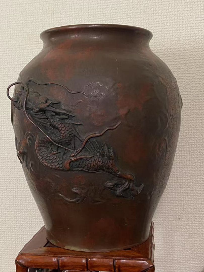 時代物 銅製 雲龍の浮彫 花入 瓮