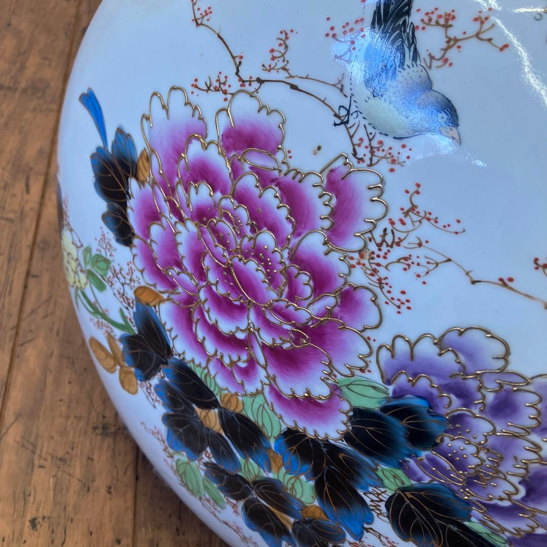 中国古美術 陶器製 金彩 孔雀 花柄 龍持ち手 大型 花瓶 ボトル型 花器