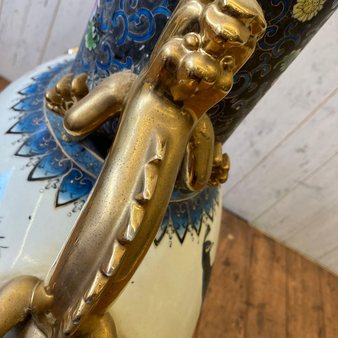 中国古美術 陶器製 金彩 孔雀 花柄 龍持ち手 大型 花瓶 ボトル型 花器