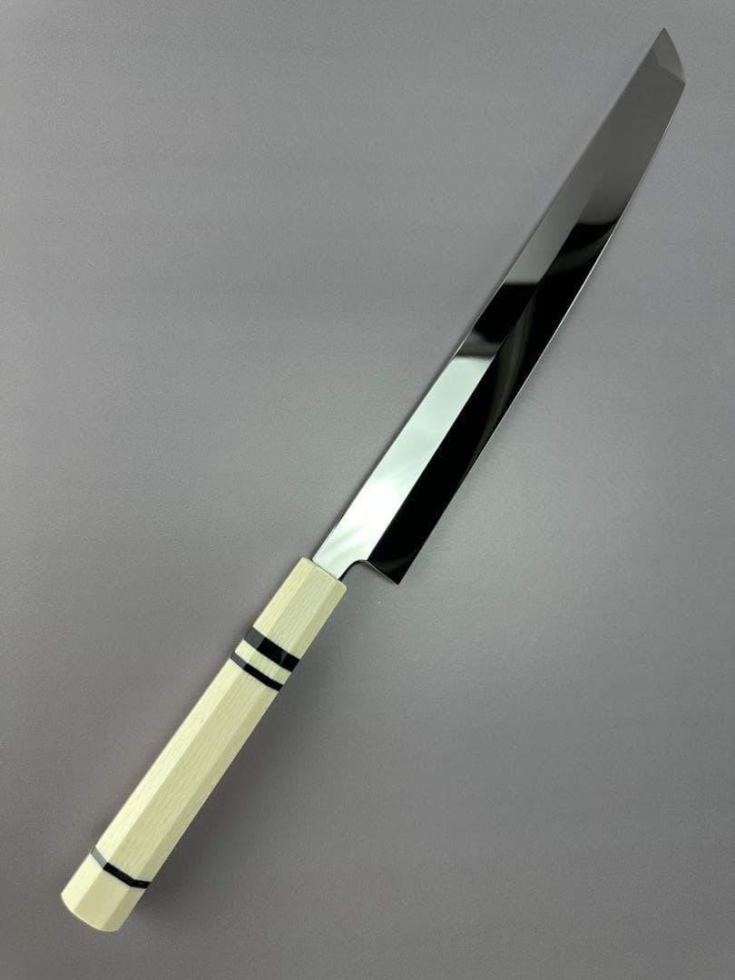 5559 先丸柳刃包丁 尺 ウルトラ鏡面仕上げ 刺身包丁 人工象牙黒三本巻八角柄