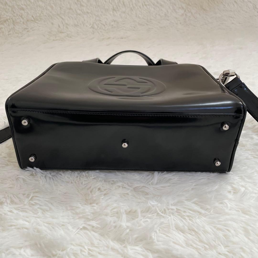 GUCCI ショルダーバッグ エナメル インターロッキングG ブラック 2way