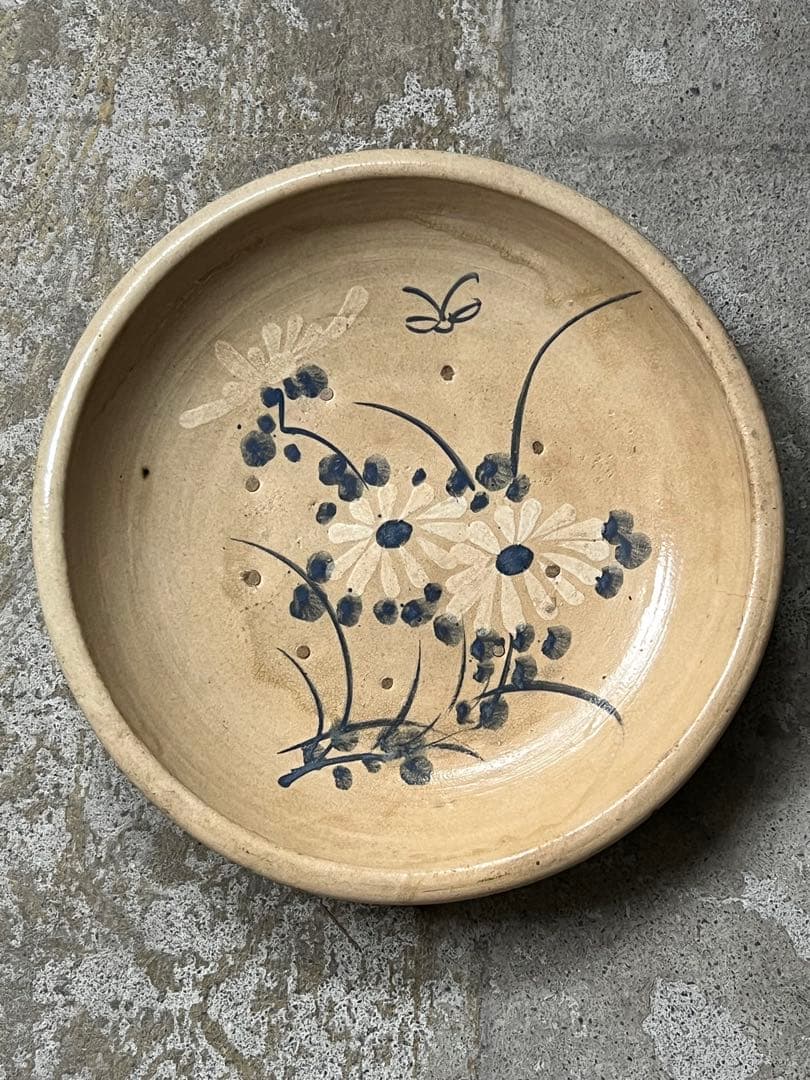 瀬戸菊繪石皿 ／ 江戸時代　共箱付 呉須大皿 径370mm 古瀬戸 民藝