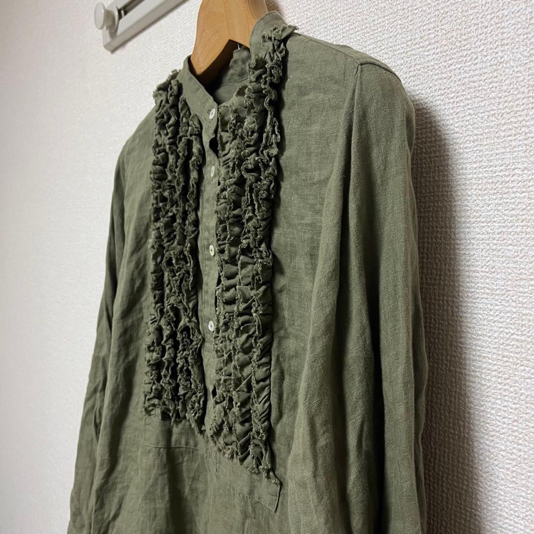 オンライン限定❣️ICHI Antiquites リネンフリルブラウス オリーブ
