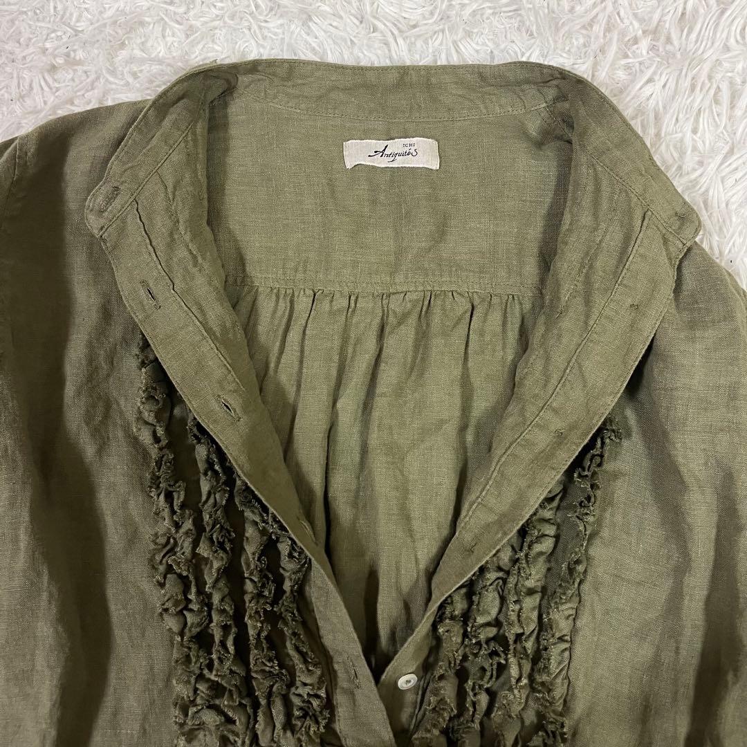 オンライン限定❣️ICHI Antiquites リネンフリルブラウス オリーブ