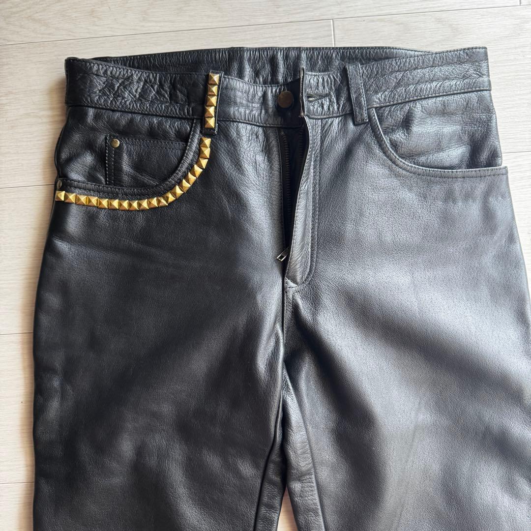 【水牛革】STRAIGHT レザーパンツ　バイクパンツ　黒　本革　パンク
