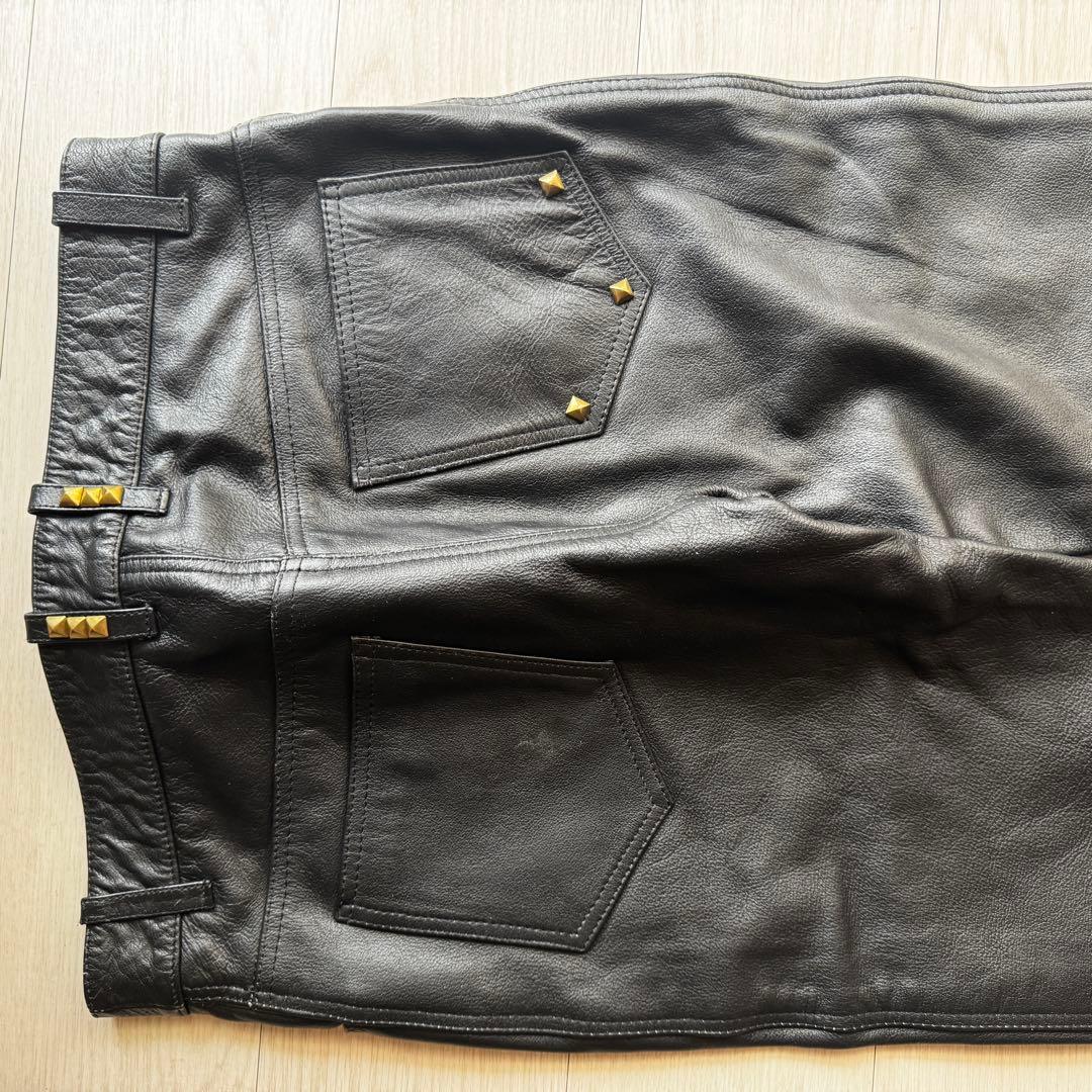 【水牛革】STRAIGHT レザーパンツ　バイクパンツ　黒　本革　パンク