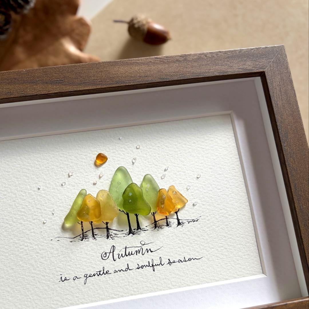 Autumn Forest 秋の森 シーグラス／天然石／フレーム／アート