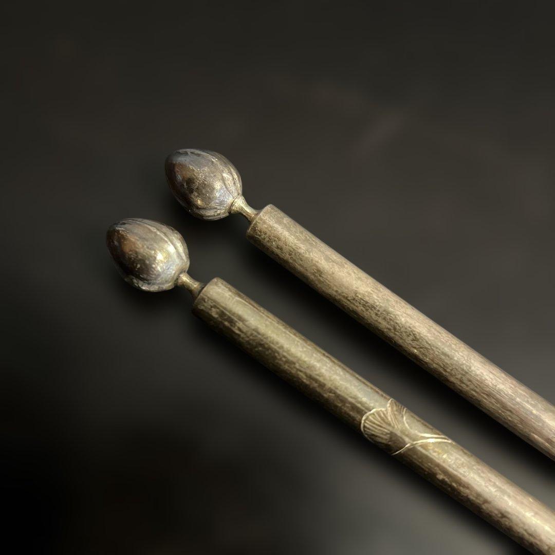 円能◯好　南鐐　銀杏頭火箸　銀製　茶道具　共箱　送料無料　総重量51.4g