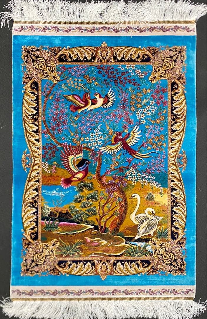 最高級希少作 楽園花鳥文様 百鳥集　2点セットペルシャ絨毯 イラン クム産