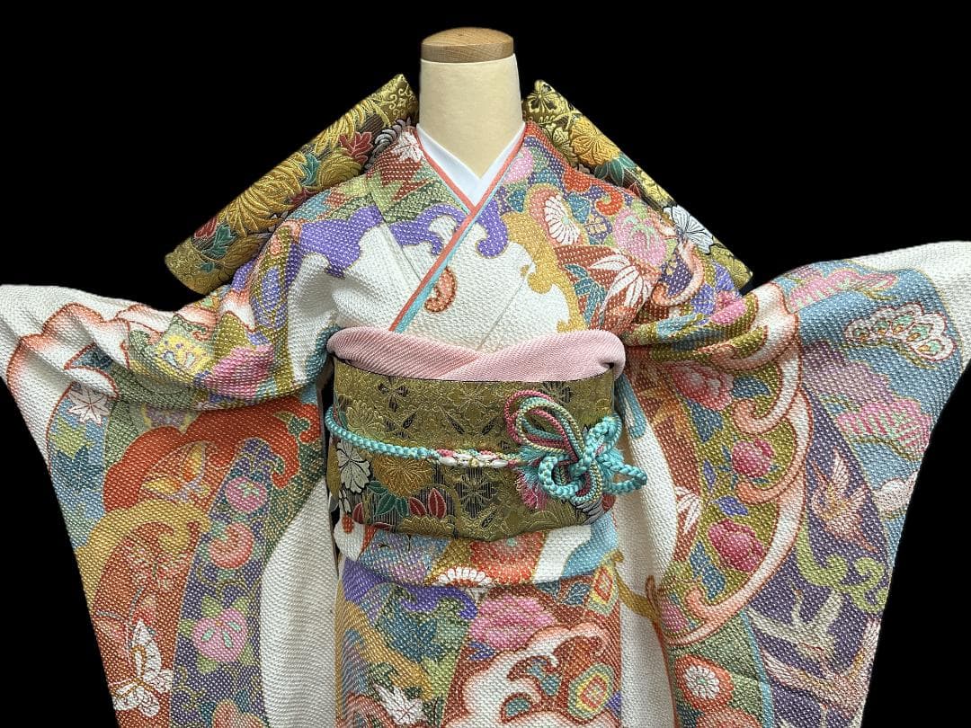 藤娘きぬたや 総絞り 白地 波鶴橘 小紋バック振袖 長襦袢2点セット