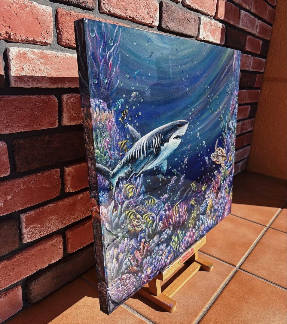 おっちページです　海　ホオジロザメ　珊瑚　レジンアート　原画　絵画