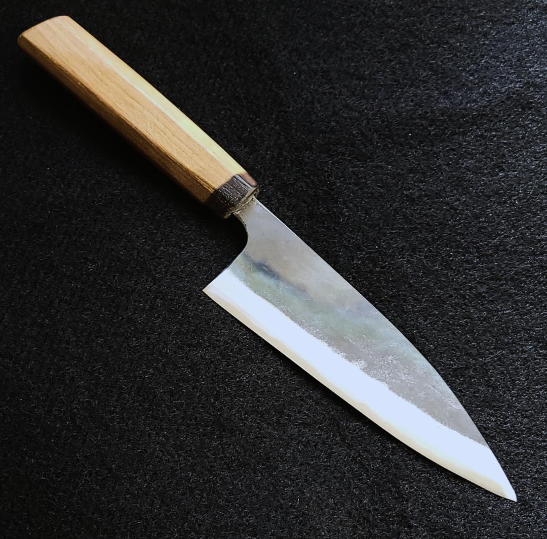 青紙1号 黒打 万能包丁 150㎜ #9390 チーク柄 月光作 日本製 １点物