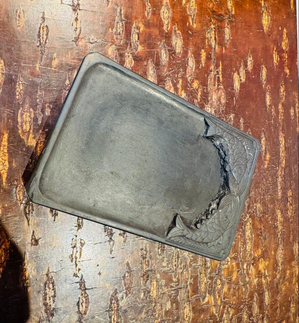 希少　年代物　【隆熙元年】魚ペア　古い 硯（すずり）書道用具 骨董