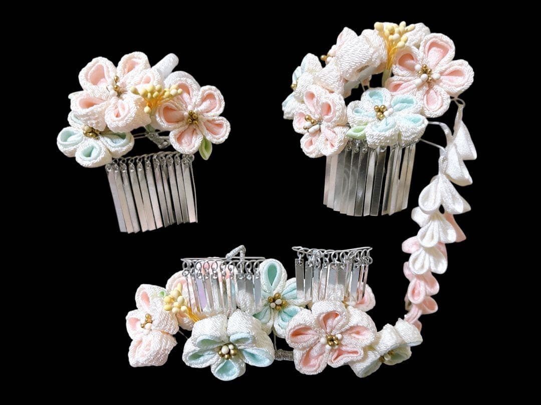 豪華正絹フルセット♡七五三　7歳　女の子　水色　エメラルドグリーン　髪飾り付