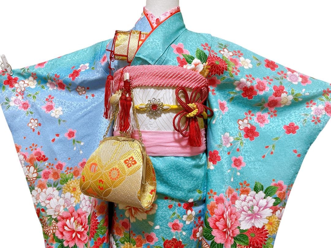 豪華正絹フルセット♡七五三　7歳　女の子　水色　エメラルドグリーン　髪飾り付