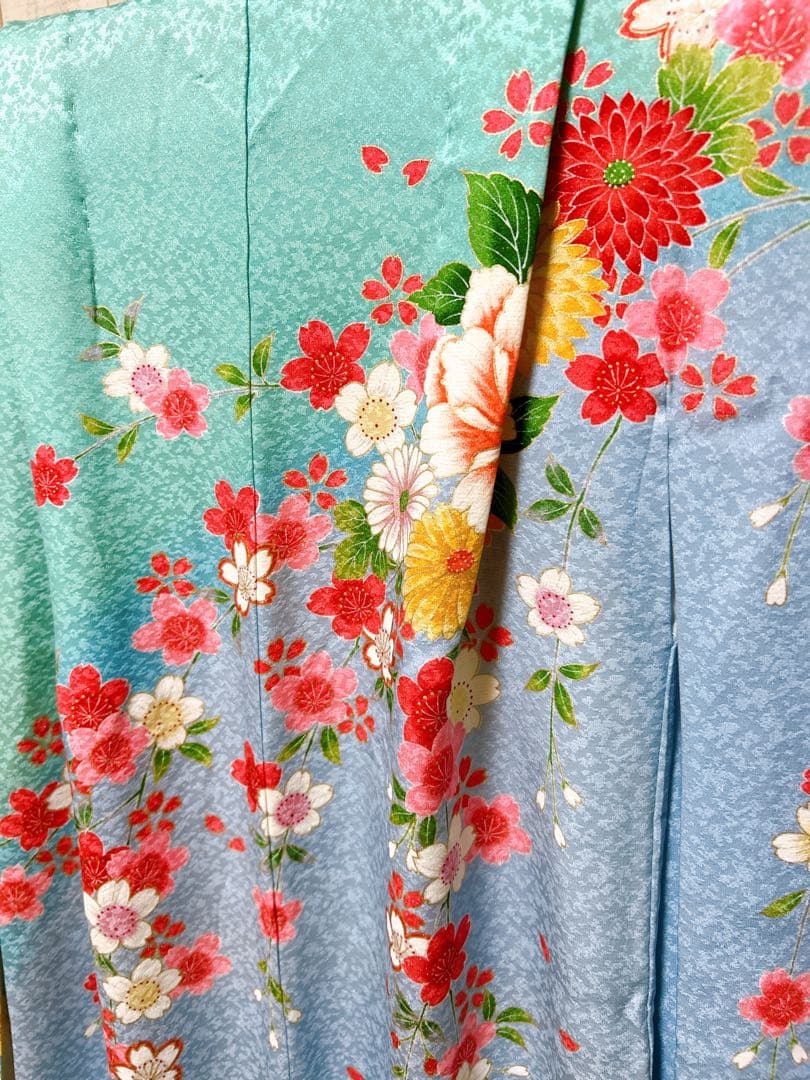 豪華正絹フルセット♡七五三　7歳　女の子　水色　エメラルドグリーン　髪飾り付