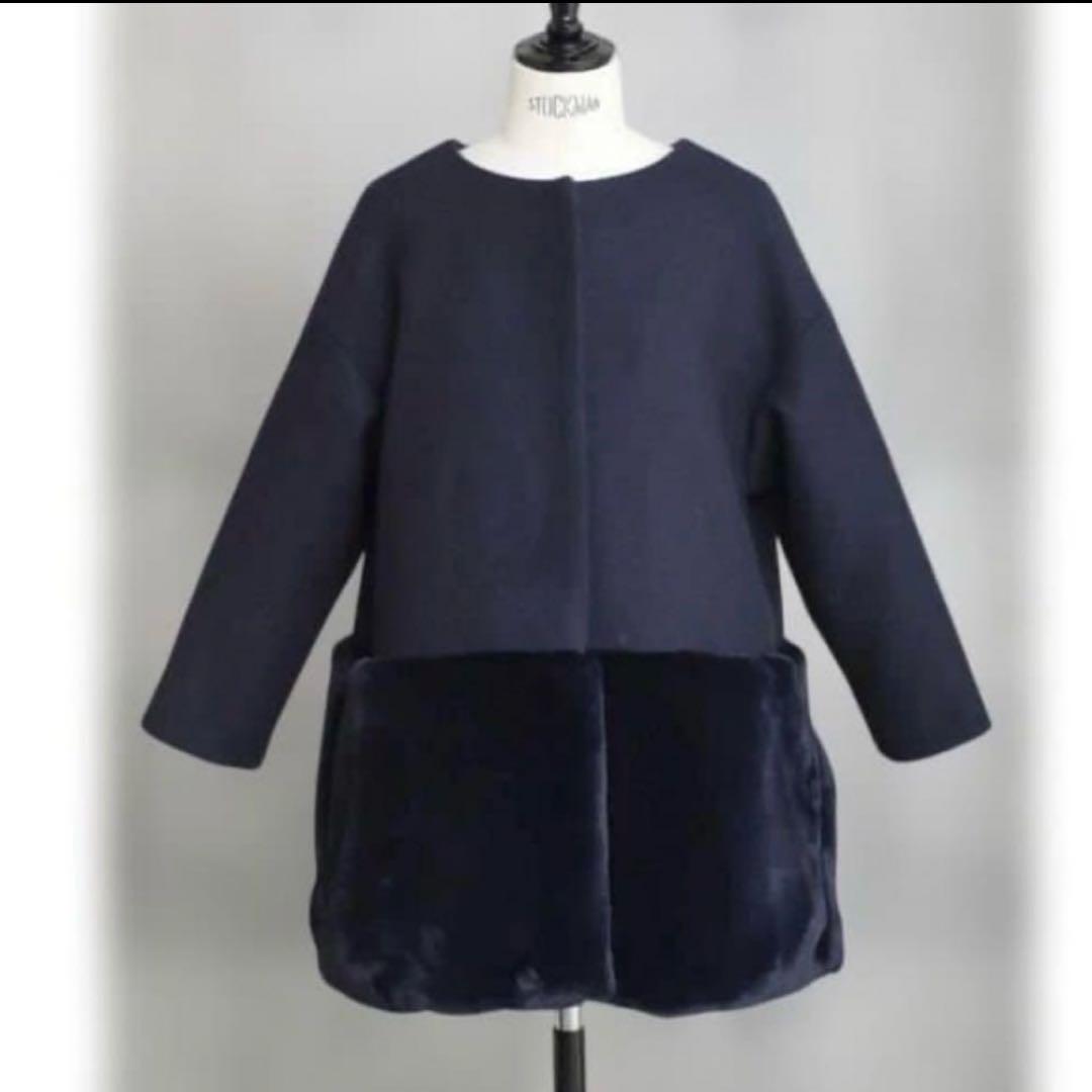 美品☆エムドットem. 裾ファーコート ネイビー クリーニング済 日本製