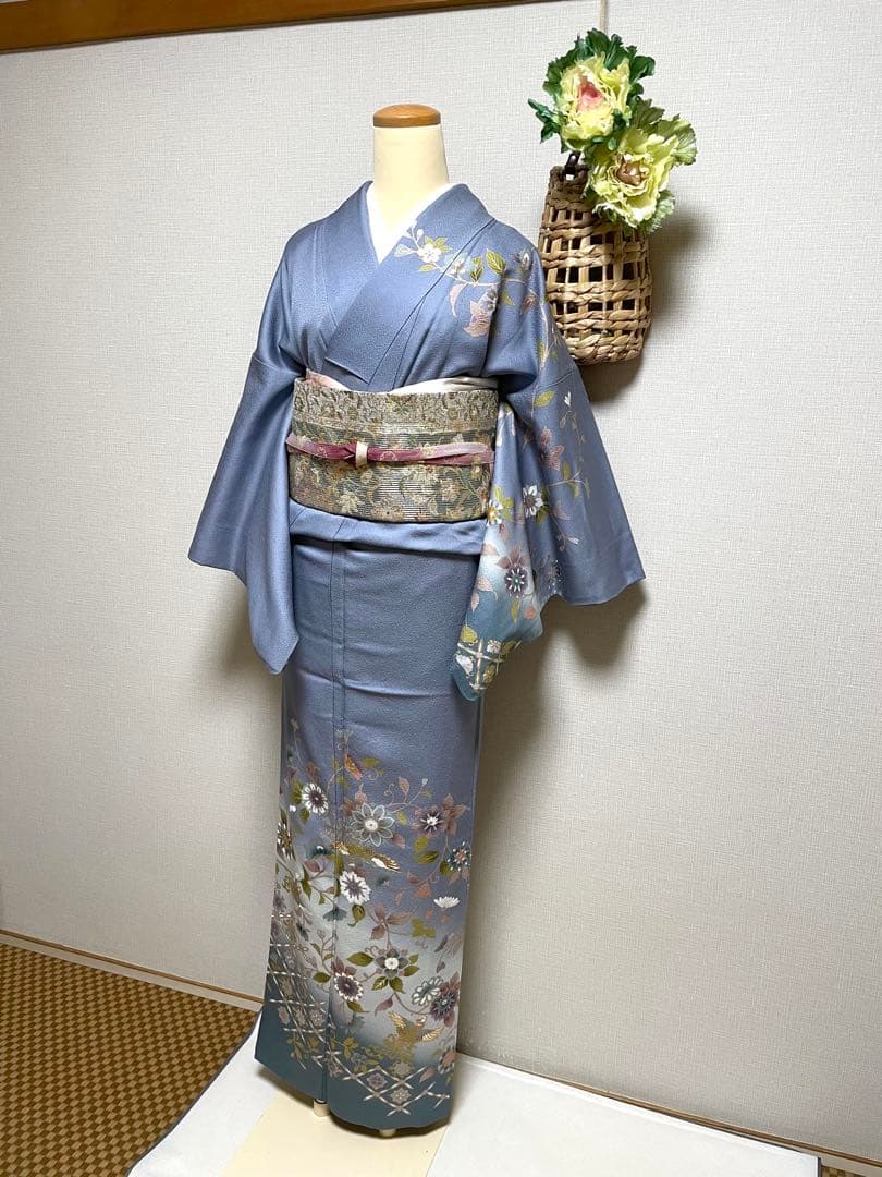 正絹　訪問着　破れ華紋菱繋ぎ花鳥唐草紋　身丈（肩から）164㎝