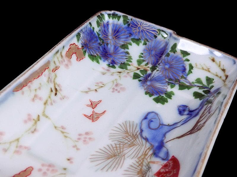 古伊万里　染錦　梅に菊　松に短冊の図　変形長皿　５客　B048AS-CWx