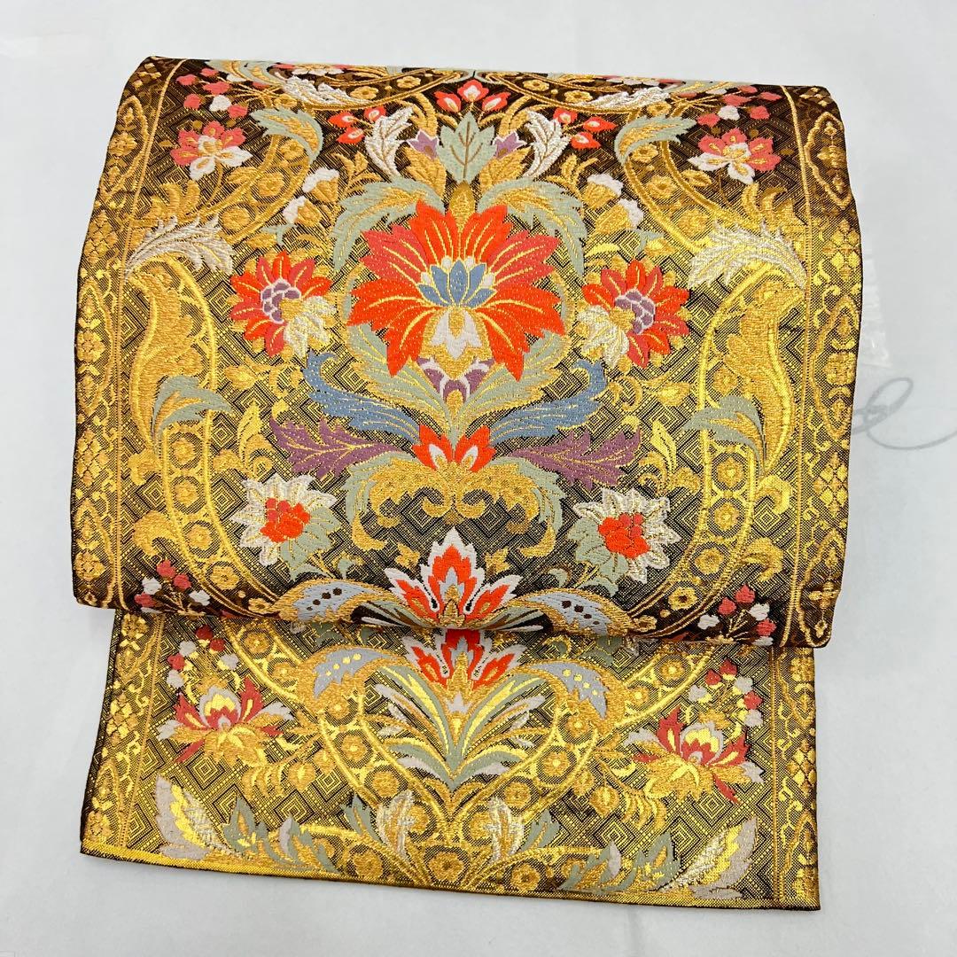 正絹　6通袋帯　裏面全通　宝飾唐華文様　佐賀錦