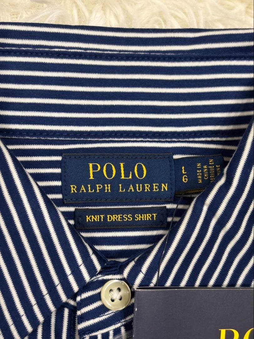 【新品】ポロラルフローレン ニットドレスシャツ ストライプ L ネイビー