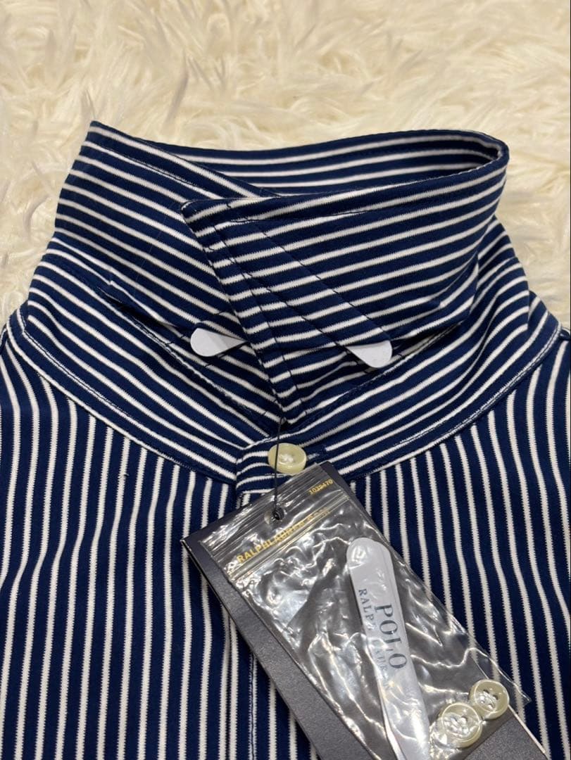 【新品】ポロラルフローレン ニットドレスシャツ ストライプ L ネイビー