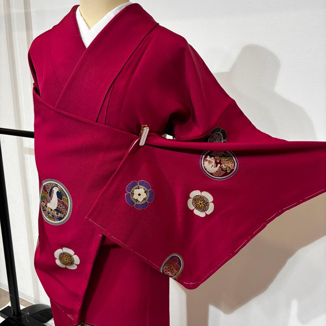 袷　小紋　飛び柄小紋　赤色地に丸紋　身丈159 裄丈67 k1293