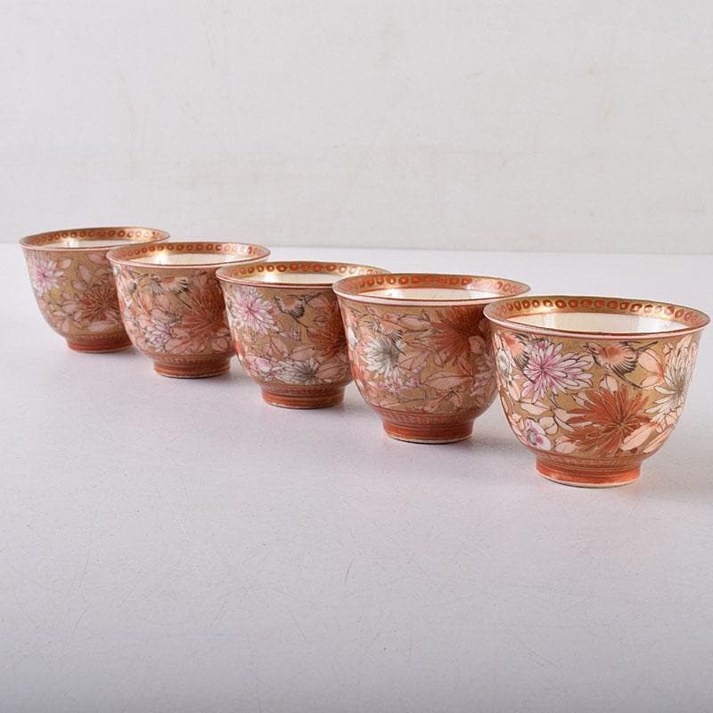 九谷焼　古九谷　赤絵金彩　花鳥文　煎茶碗　五客　D　R8651