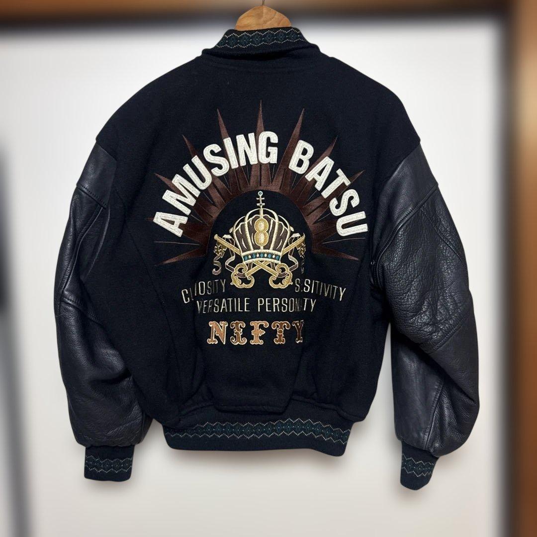 80's 90's BATSU スタジャン　袖レザー　刺繍ワッペン　ジップアップ