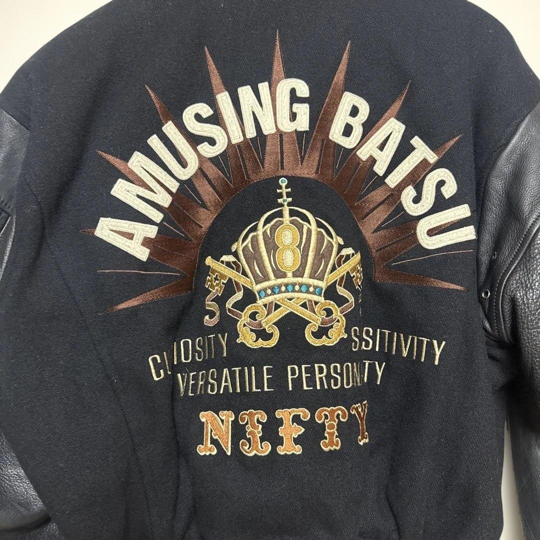 80's 90's BATSU スタジャン　袖レザー　刺繍ワッペン　ジップアップ