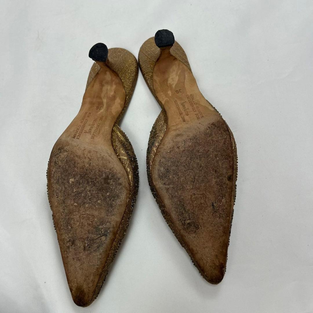 F862 23cm 36 マノロブラニク ビーズ レース ミュール レディース