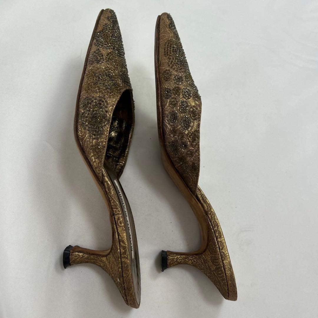 F862 23cm 36 マノロブラニク ビーズ レース ミュール レディース