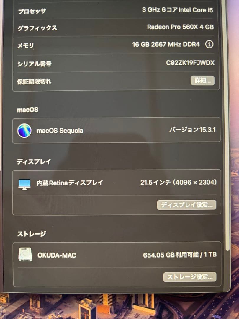 【美品】iMac 21.5(2019)メモリ16GB/SSD1TB/最新OS