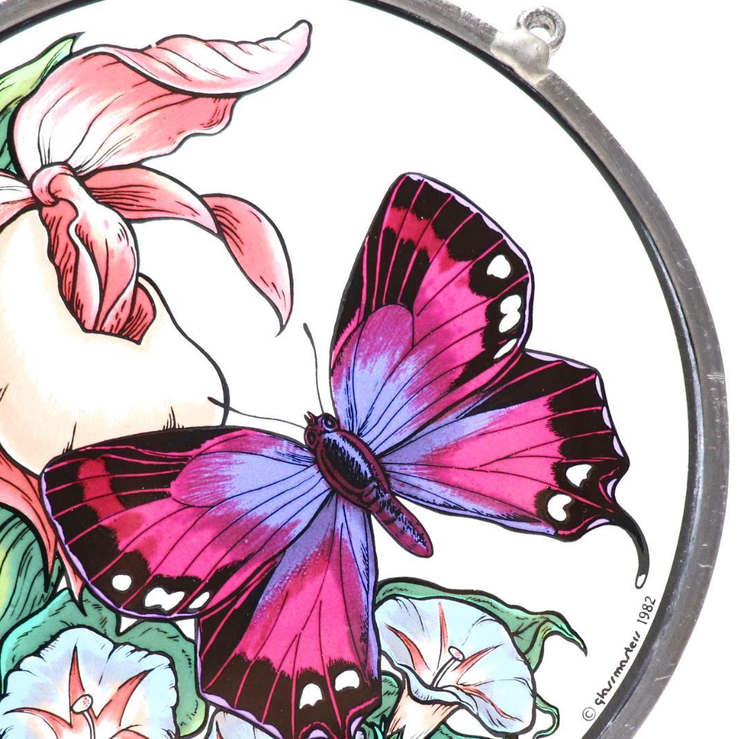 紫色の蝶と花 ヴィンテージ ステンドグラス グラスマスターズ社 バタフライ