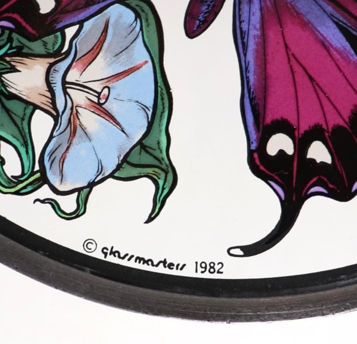 紫色の蝶と花 ヴィンテージ ステンドグラス グラスマスターズ社 バタフライ